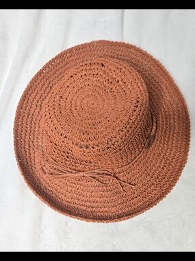 Triangle Headwear Rust Crochet Straw Sun Hat – Scalloped Edge Wide Hat- One Size